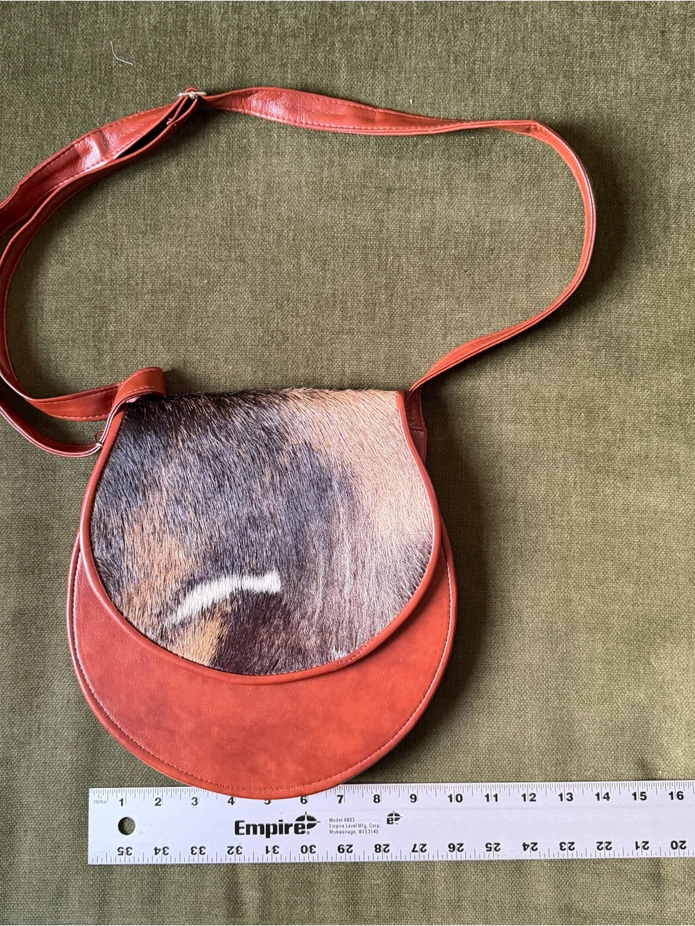 Rust Brown Leather and Haircalf Crossbody Saddle Bag